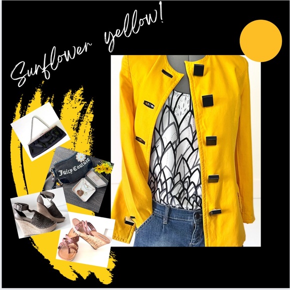 Vintage Collarless Fitted Blazer, modern wood like buttons; sunflower yellow - 8 - Picture 8 of 8